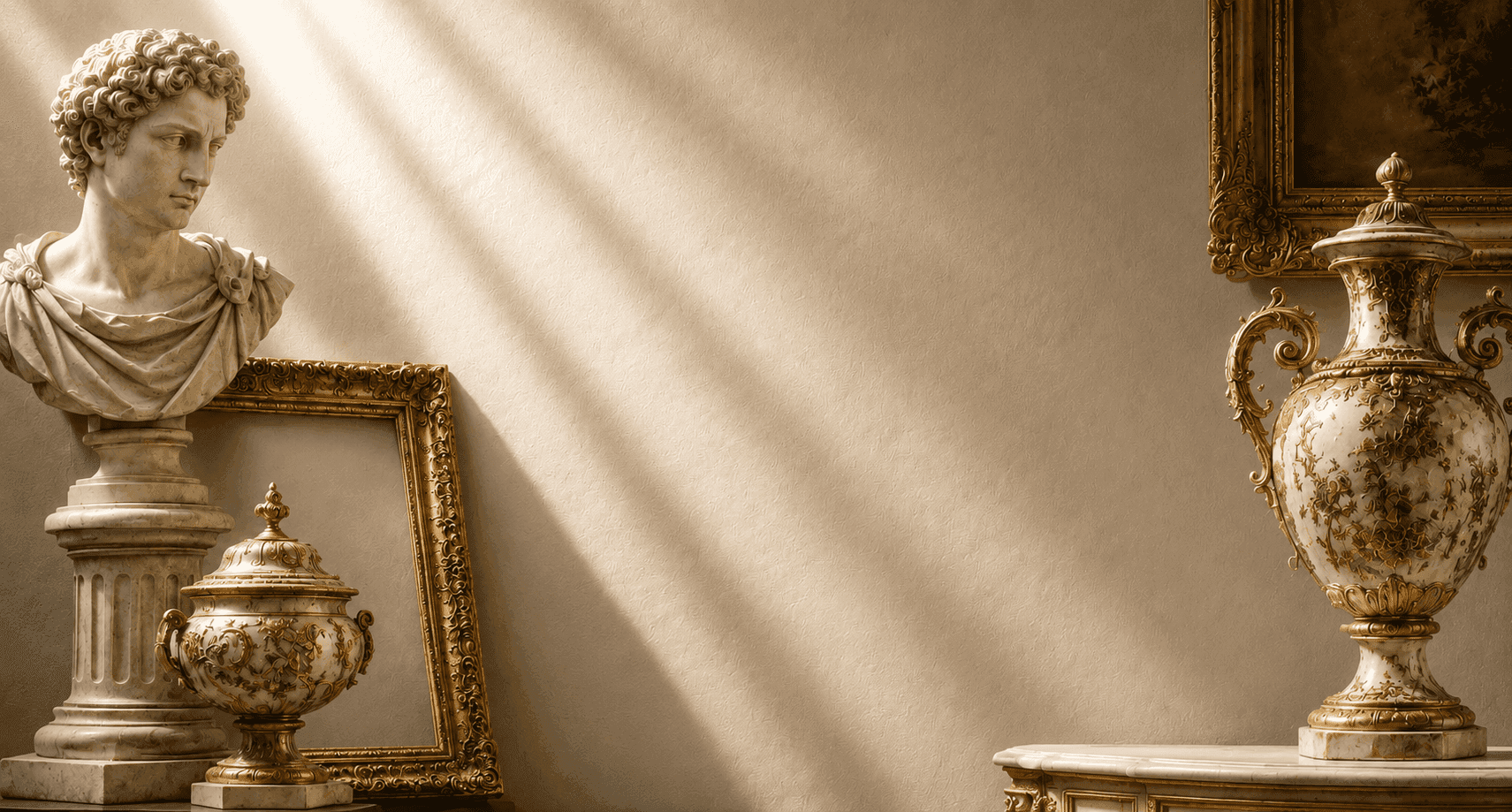 Classical sculptures and framed works in the gallery salon