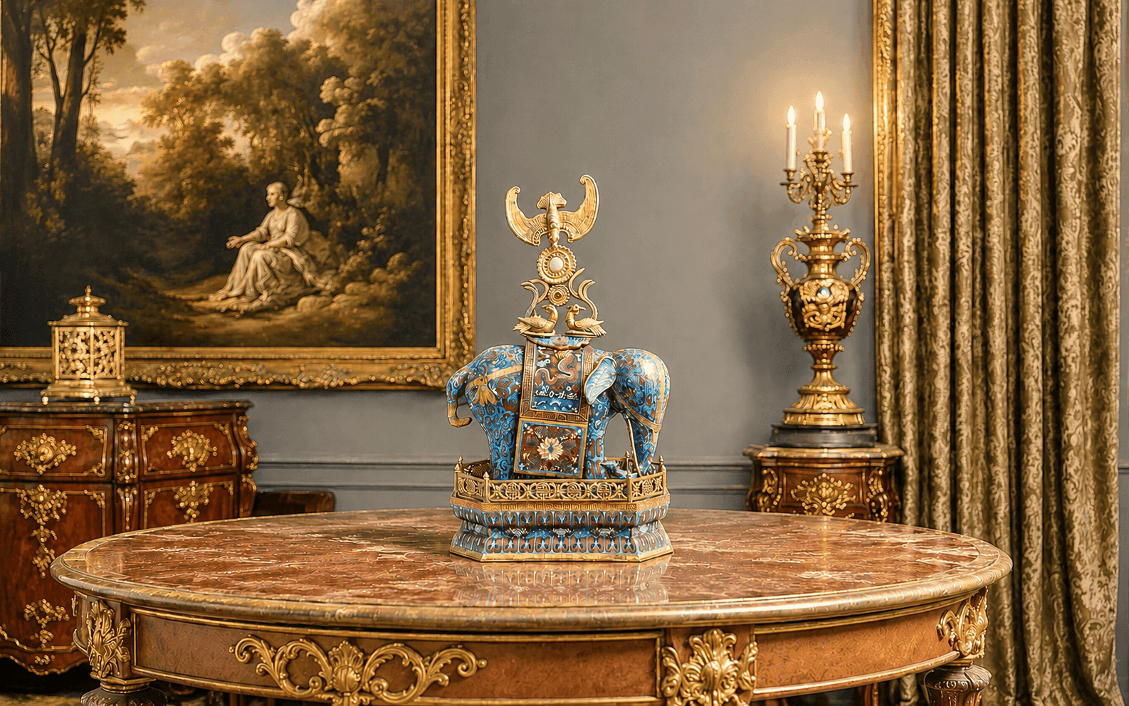 Framed view of a cloisonné elephant in the gallery
