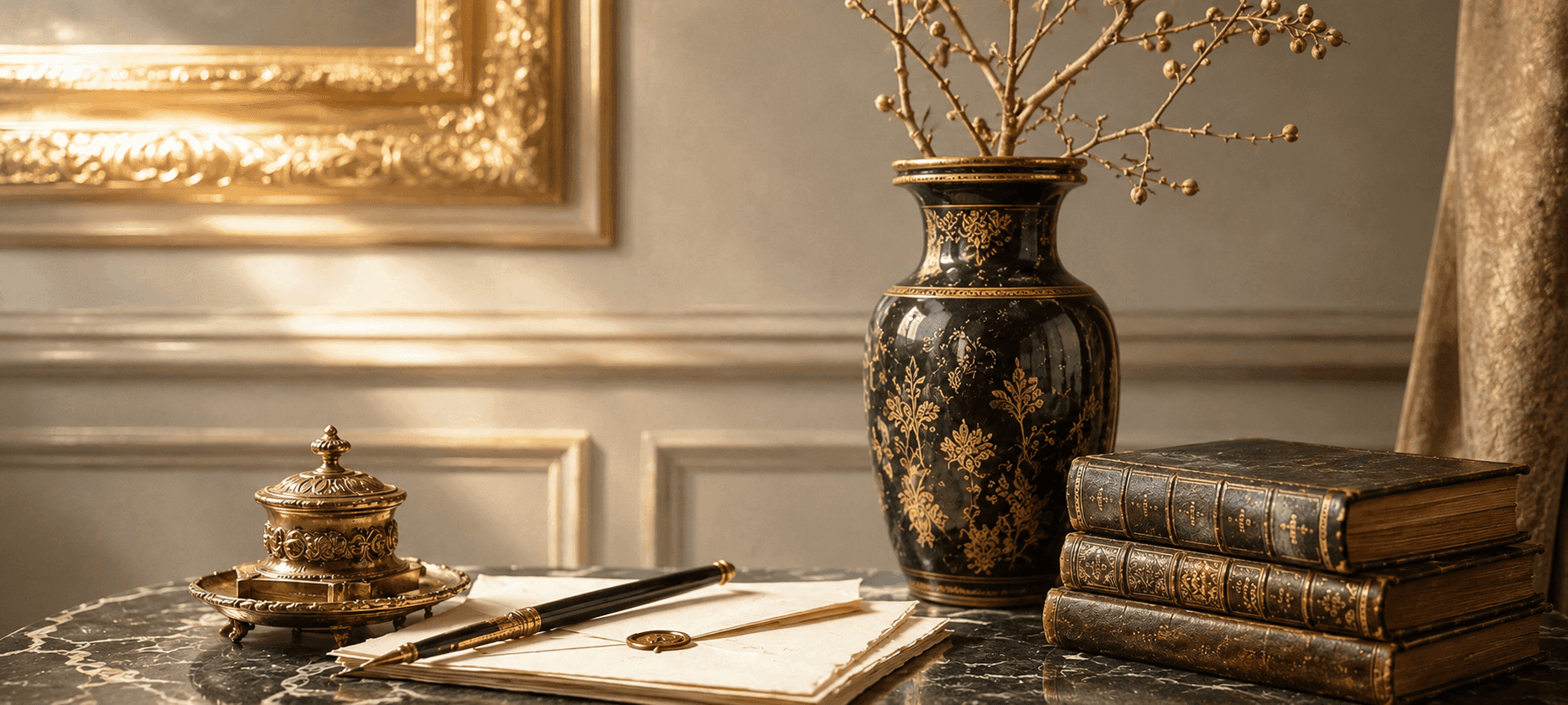 A gilt inkstand, a lacquered vase, and leather-bound books on a marble table
