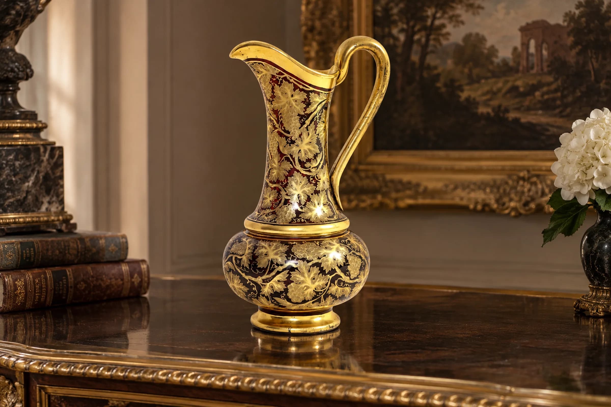Marvelous 19th Century Bohemian Red Crystal & 24k Gold Decorated Ewer
