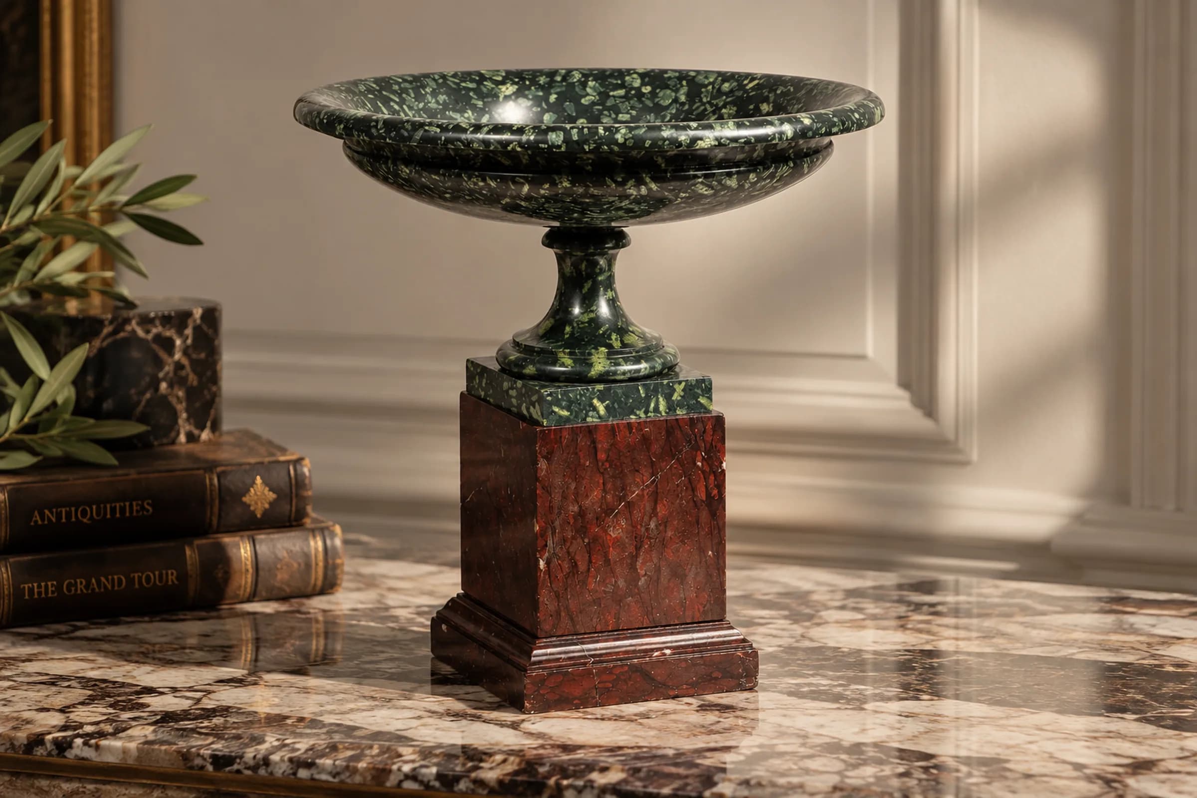 Neoclassical Grand Tour Green Porphyry Tazza Centerpiece on Rouge Marble Base