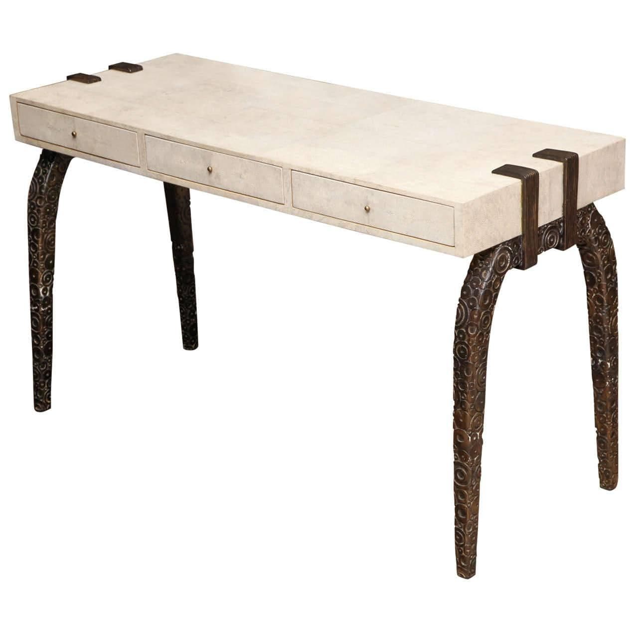 French Art Deco Style Shagreen and Bronze Desk